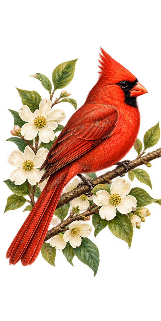 Botanical illustration of a cardinal among white blossoms