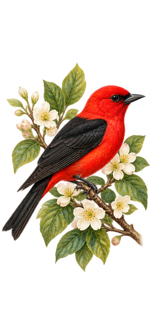 Botanical illustration of a red tanager among green leaves and white blossoms